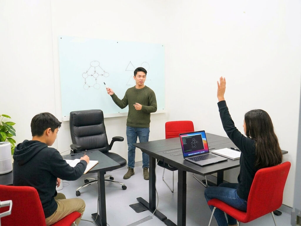 Programs A tutor explaining a diagram on the whiteboard to two students in a small-group lesson